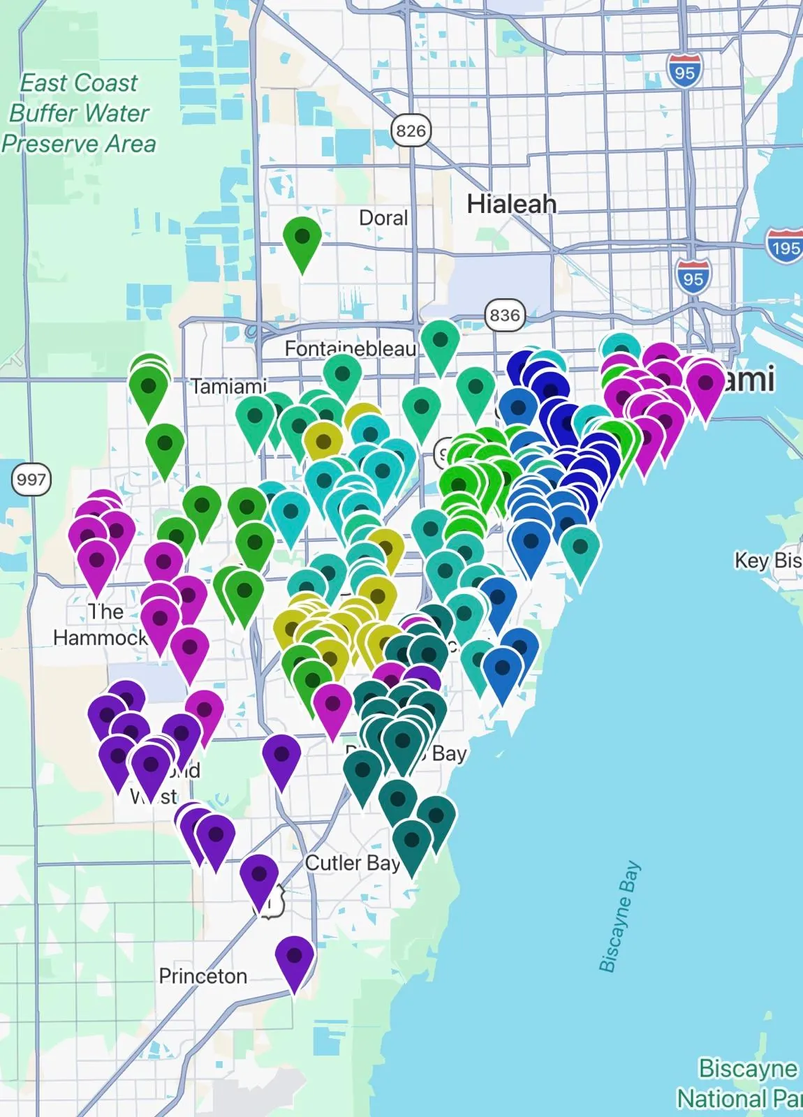 Map of American Blue Pools service routes across Miami-Dade