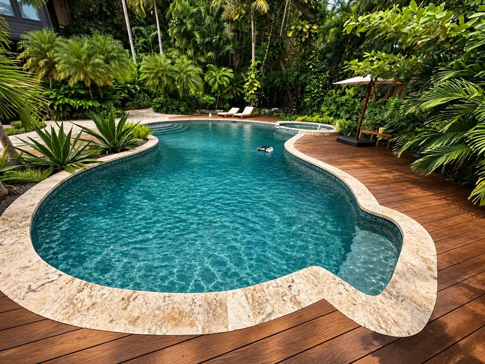 Freeform pool with wood deck