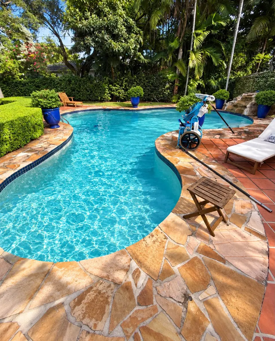 Clean pool with curved stone edge after weekly service